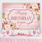 Lofaris Pink Floral and Glitter Happy Birthday to You Backdrop